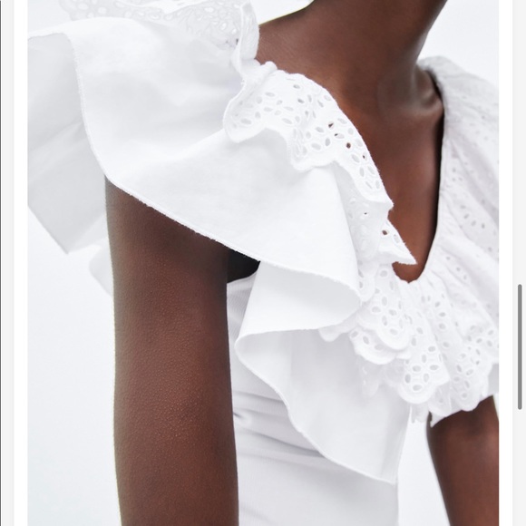 Zara White Ribbed Bodycon Ruffle Sleeve Mini Dress - NEW - S 3253806250 - Picture 6 of 8